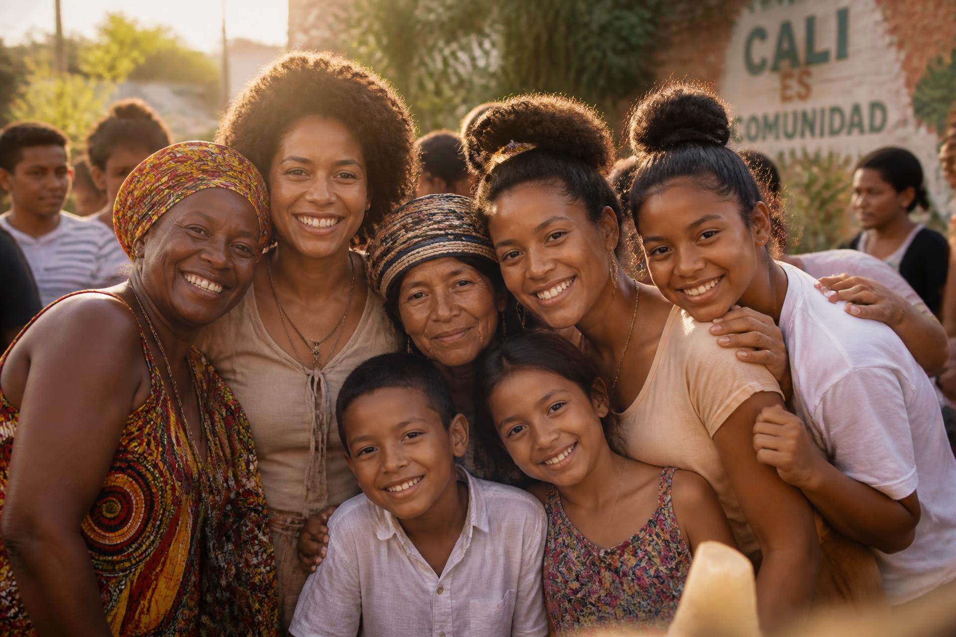 Mujeres, niños y adultos mayores de comunidades diversas de Cali sonriendo juntos